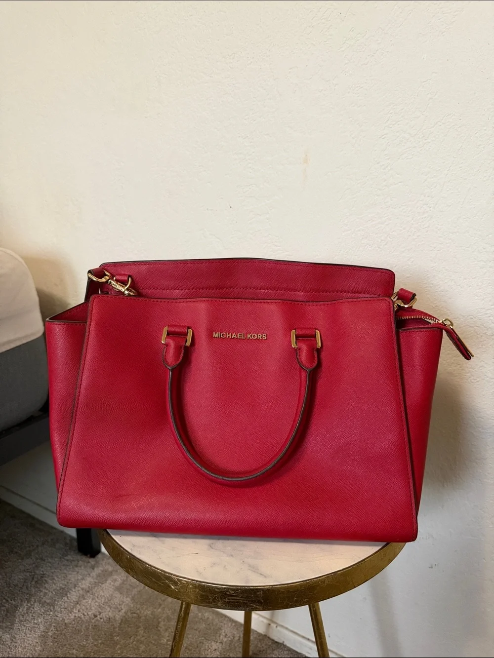 Michael Kors Red Saffiano Satchel with Gold Hardware